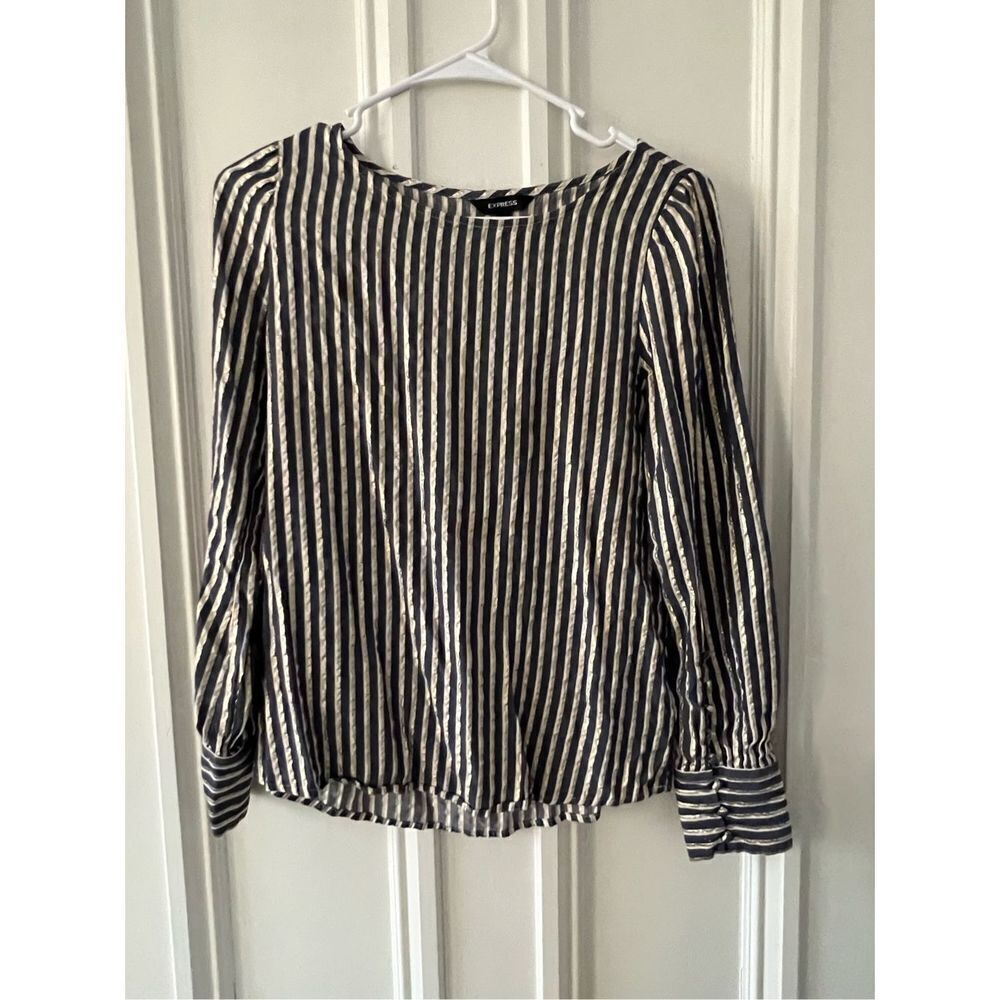 Express blue, gray, gold and cream striped blouse S
